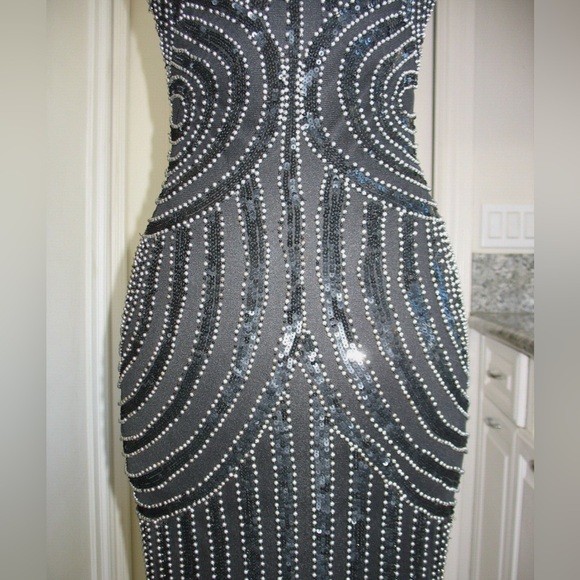 Parker Black Fully Beaded Art Deco Evening Gown Mesh Illusion Maxi Dress Size 4 - Picture 5 of 14